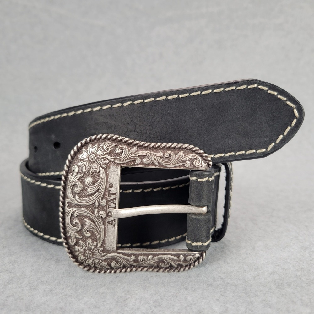 Ariat Western Belt Women Small Black Leather Floral Engraved Buckle A1523401